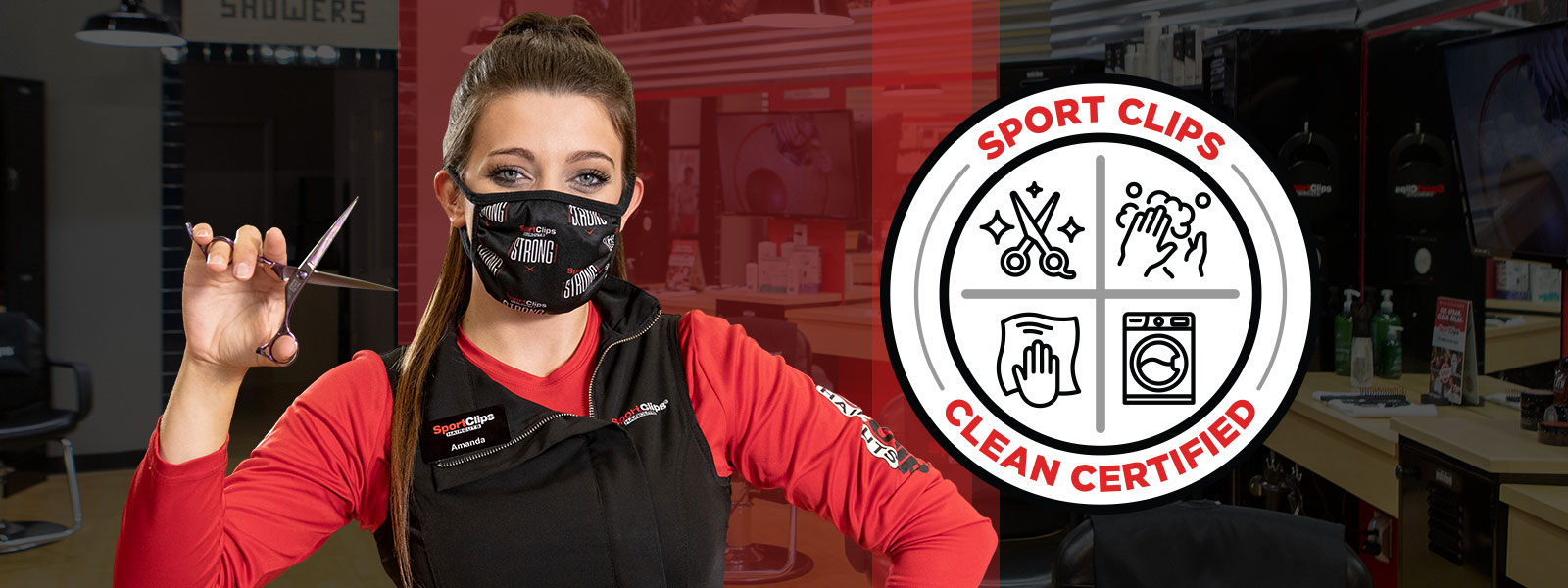 Stylist in mask and Clean Certified Seal